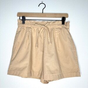 Uniqlo 100% Cotton Linen Shorts Paperbag Drawstring High Waist Tan Sz S 26"